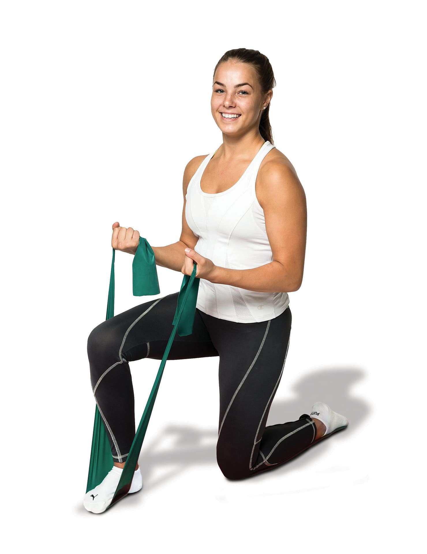 Person using green Polar Resistance Band in kneeling exercise
